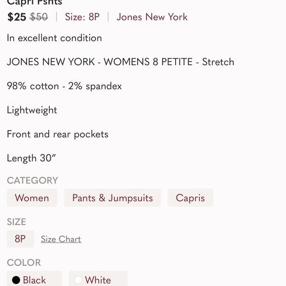 JONES NEW YORK Women’s 8P Black White Capri Pant - Picture 4 of 4